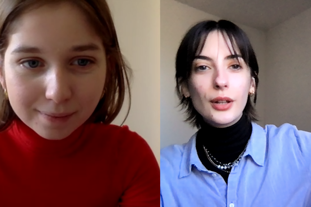 Hannah in red, Isabelle in blue, images from a Zoom meeting