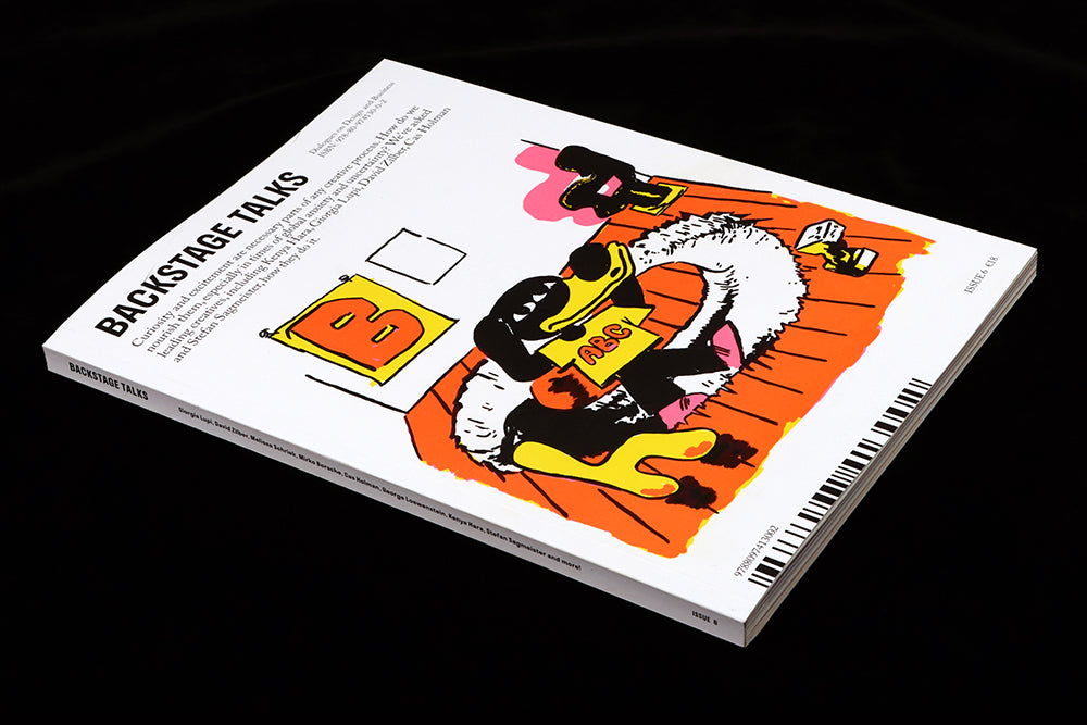 Backstage Talks magazine cover, orange, yellow, black and pink cartoon dog